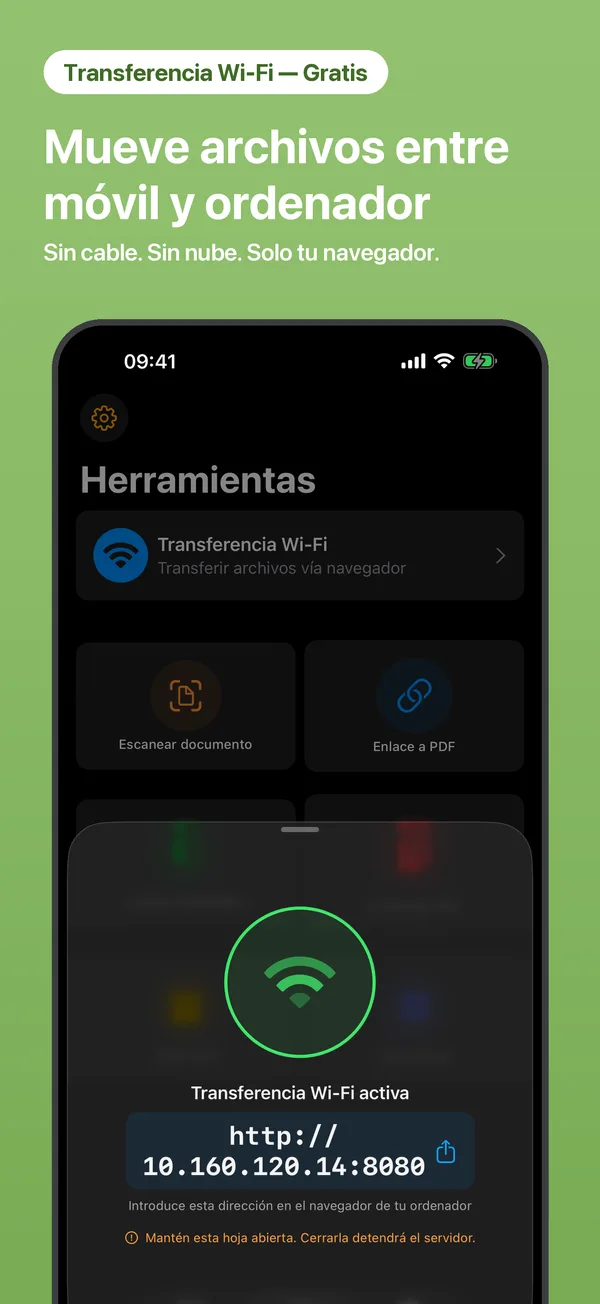 Transferencia Wi-Fi activa en iPhone con la dirección para el navegador