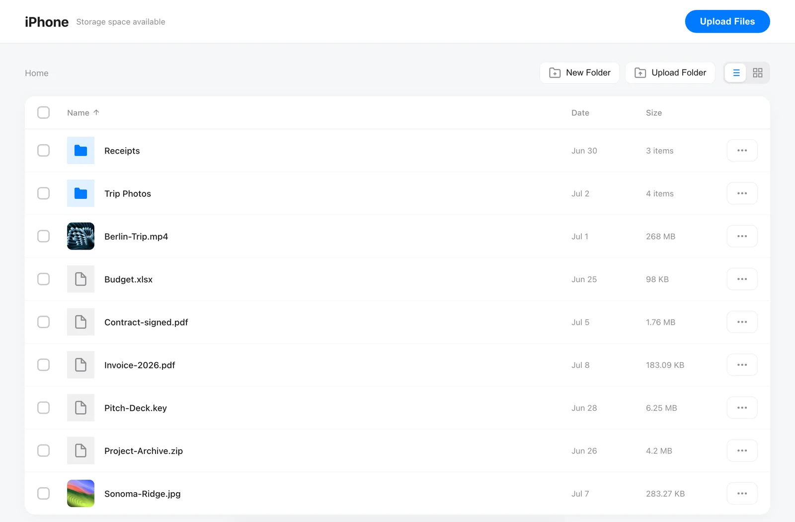 The Wi-Fi Transfer web interface in a desktop browser: file list with thumbnails, upload and download
